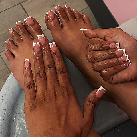 Franse Stijl Roze Wit Marmer Press On Nagels Voor Vingers En Tenen Met Plakstrips En Vijl ABS Kunststof Elegant
