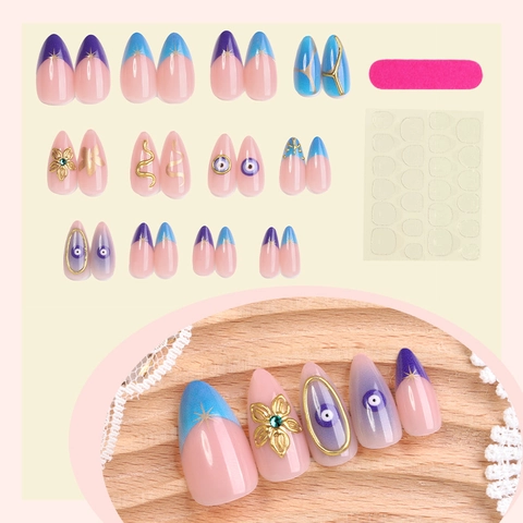 Press On Nails Stiletto Amandel Goud Reliëf Boze Oog Slang Bloem Franse Tip Kleinblauw Nude Roze Professioneel