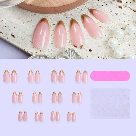Elegante Amandel Press On Nagels Gouden Franse Tip Nude Roze Minimalistische Glanzende Kunstnagels Voor Vrouwen