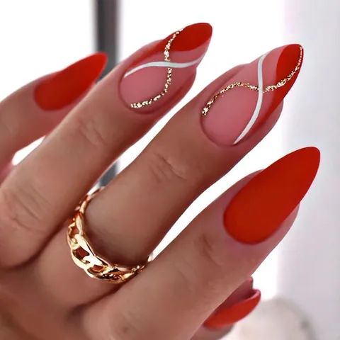 Long Almond Press On Nails Matte Red Nude Pink French Style With Gold Glitter Swirl Design Artificial False Nails For Women