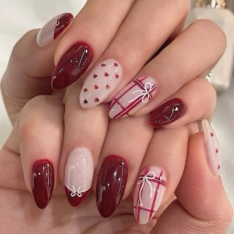 Glossy Almond Press On Nails Valentine's Day Sweet Pink Heart Bow Pattern French Style False Nails For Women DIY Decor