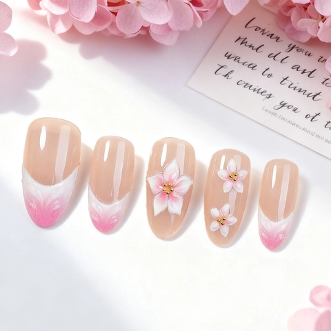 3D Floral Press On Nails Forma Almendra French Tip Degradado Rosa Blanco Estilo Hecho A Mano Elegante Para Mujeres Con Pestañas Adhesivas
