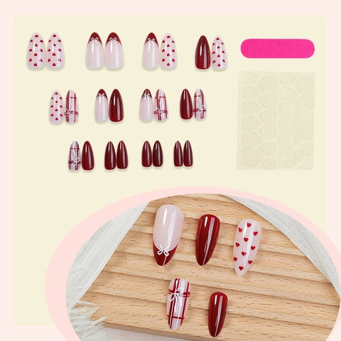 Glossy Almond Press On Nails Valentine's Day Sweet Pink Heart Bow Pattern French Style False Nails For Women DIY Decor