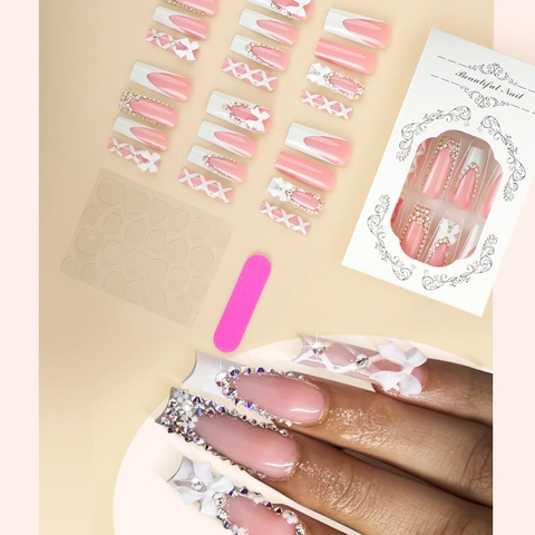 Unghie Finte Coffin Lunghe French Tip Rosa Bianco Con Fiocchi 3D E Strass Unghie Artificiali Manicure DIY