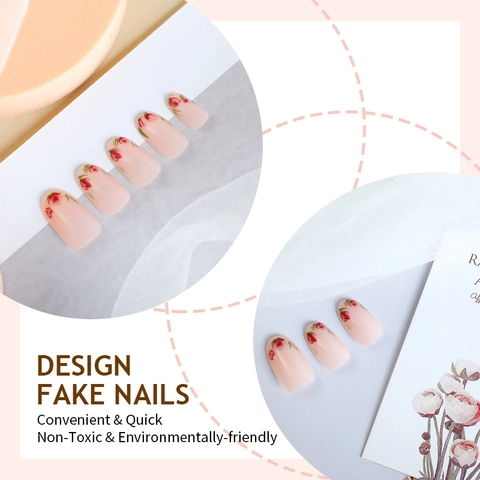 Ongles Press On Forme Amande French Tip Fait Main Base Rose Motif Fleur Rouge Élégants Faux Ongles Pour Femmes