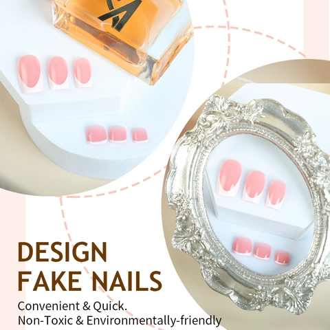 Franse Stijl Roze Wit Marmer Press On Nagels Voor Vingers En Tenen Met Plakstrips En Vijl ABS Kunststof Elegant
