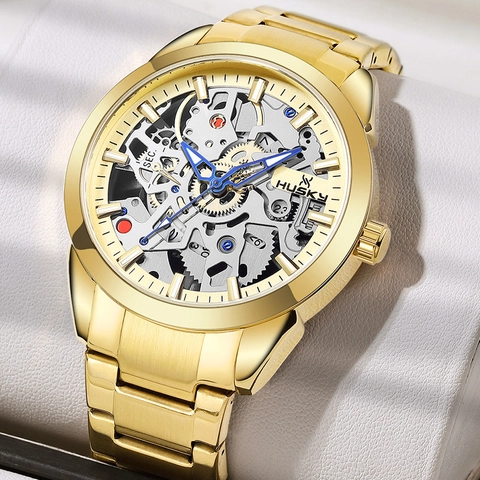 Men Skeleton Mechanical Watch Automatic Hollow Dial Steel Band Luminous Business Fashion Luxury Wristwatch