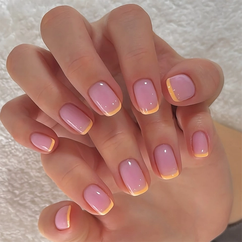 Unghie Finte Press On French Tip Corte Quadrate Arrotondate Rosa E Giallo Per Donne Con Colla Gelatina E Lima