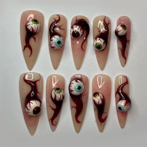 Faux Ongles Stiletto Halloween Oeil 3D Design Gothique Veines De Sang Longs Ongles Artificiels Pour Fête