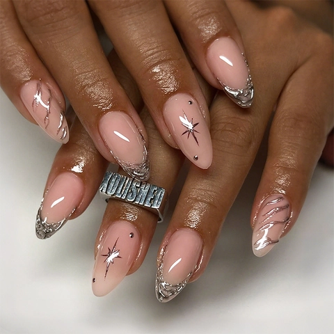Press On Nägel 3D Metallisch French Tip Mandelform Rosa Silber Stern Fließende Linien Komplettset Für Damen