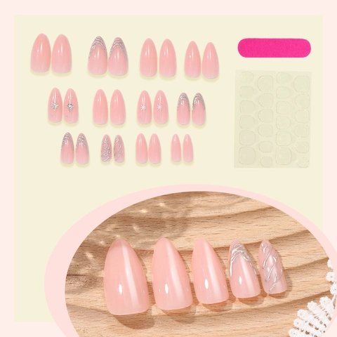 Press On Nägel 3D Metallisch French Tip Mandelform Rosa Silber Stern Fließende Linien Komplettset Für Damen