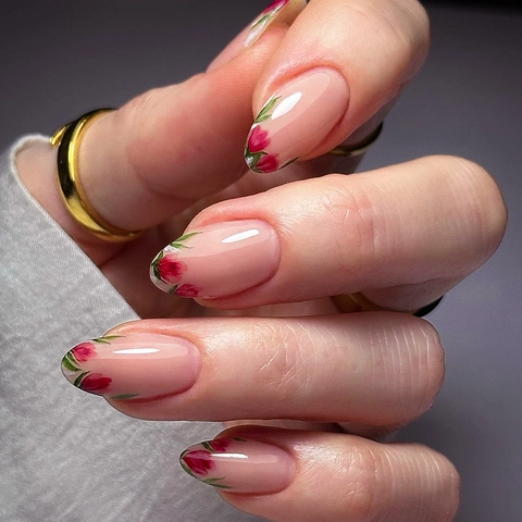 Ongles Press On Forme Amande French Tip Fait Main Base Rose Motif Fleur Rouge Élégants Faux Ongles Pour Femmes