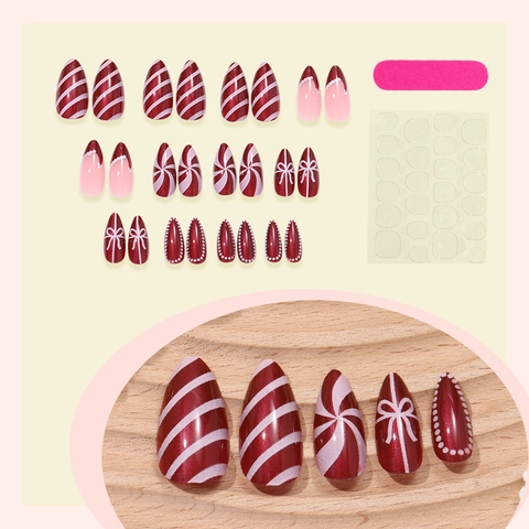Mandelformige Aufdrucknagel Rot Weiße Streifen Glänzend French Tip Schleifen Holiday Party Dekorative Künstliche Nägel