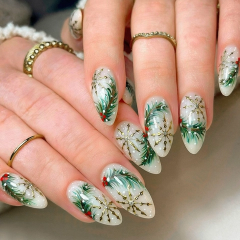Uñas Postizas Press On Navidad Ramas De Pino Verde Bayas Rojas Forma Almendra Manicura Festiva DIY Para Mujeres