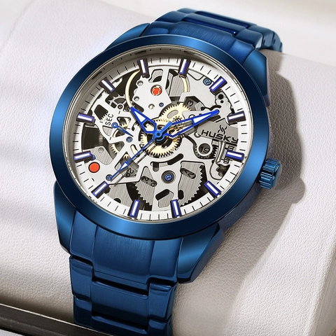 Men Skeleton Mechanical Watch Automatic Hollow Dial Steel Band Luminous Business Fashion Luxury Wristwatch