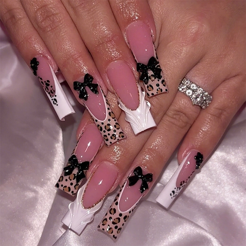 French Tip Künstliche Nägel Lange Trapezform Leopardenmuster Mit 3D Schleife Blumendekor Pink Weiß Schwarz Für Damen