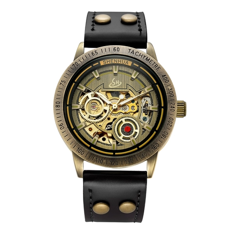 Men Automatic Mechanical Watch Skeleton Dial Vintage Bronze Alloy Case Riveted Leather Strap Steampunk Retro