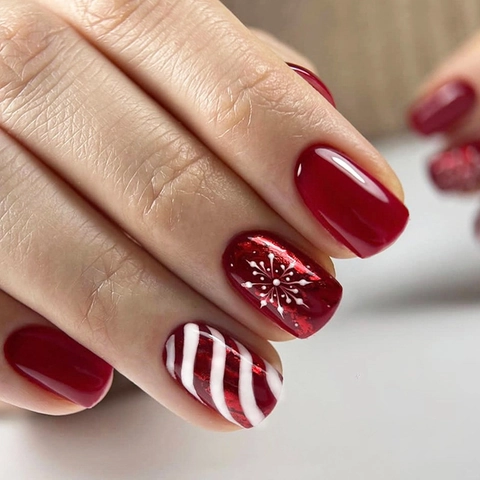 Christmas Press On Nails Short Square Glossy Red White Snowflake Candy Cane Striped Festive Holiday Manicure For Women