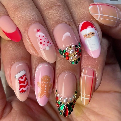 Uñas Postizas De Navidad Forma Almendra Diamantes Perla Artificial Punta Francesa Patrón Papá Noel Manicura DIY Para Mujeres