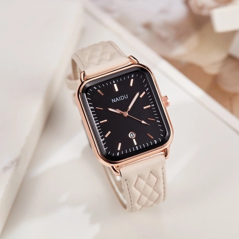 Reloj De Cuarzo Cuadrado Para Mujer Correa De Cuero Acolchado Reloj De Pulsera Analógico Con Ventana De Fecha