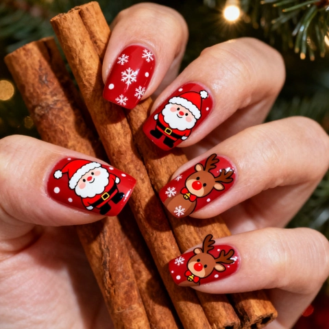 Christmas Press On Nails Santa Reindeer Snowflake Red Glossy Square Artificial Fingernails Women Girls DIY Manicure