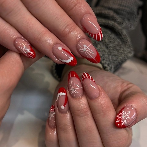 Uñas Postizas De Navidad Rojas Francesas Brillantes Copo De Nieve Lazo Forma De Almendra Puntas De Uñas