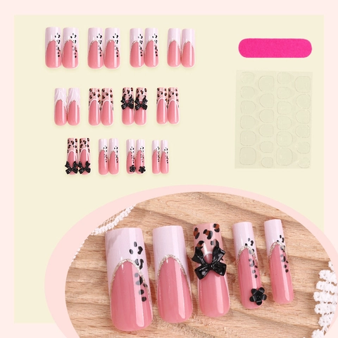 French Tip Künstliche Nägel Lange Trapezform Leopardenmuster Mit 3D Schleife Blumendekor Pink Weiß Schwarz Für Damen