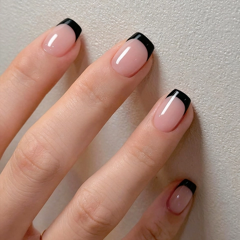 French Tip Press On Nails Square Round Nude Pink Black Edge Glossy False Nails For Women Daily Manicure