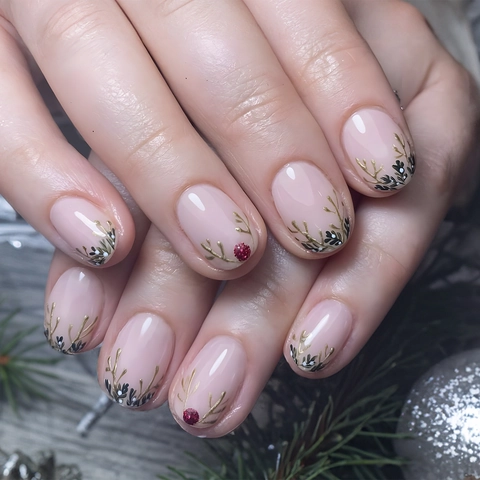 Christmas Press On Nails Short Square Reindeer Antlers Foliage Pattern Rhinestone Elegant Festive Artificial Fingernails