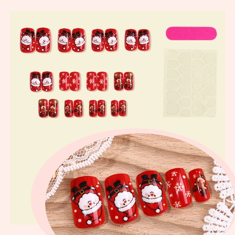 Christmas Press On Nails Santa Reindeer Snowflake Red Glossy Square Artificial Fingernails Women Girls DIY Manicure