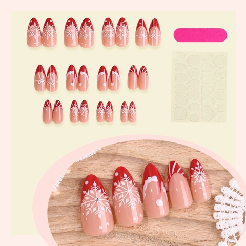 Uñas Postizas De Navidad Rojas Francesas Brillantes Copo De Nieve Lazo Forma De Almendra Puntas De Uñas