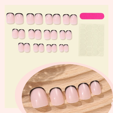French Tip Press On Nails Square Round Nude Pink Black Edge Glossy False Nails For Women Daily Manicure