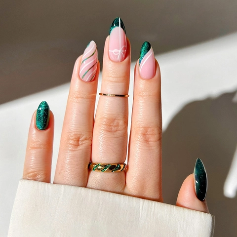French Almond Press On Nails Glitter Green Pink Striped Artificial False Nails With Nail File Adhesive Tabs