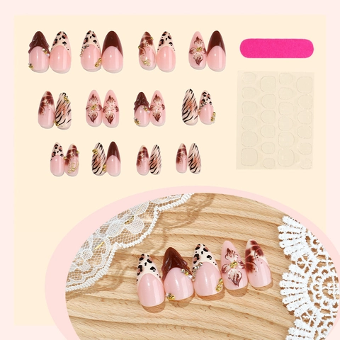 Unghie Finte Leopard Print Press On Nails French Tip Stiletto Lunghe Decorazione Strass Künstliche Perle Moda Per Donne