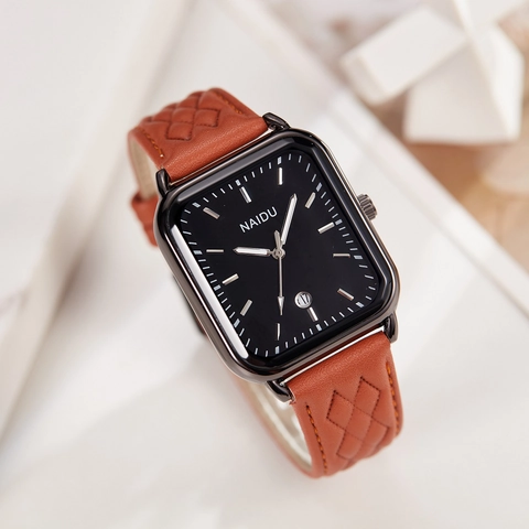 Reloj De Cuarzo Cuadrado Para Mujer Correa De Cuero Acolchado Reloj De Pulsera Analógico Con Ventana De Fecha