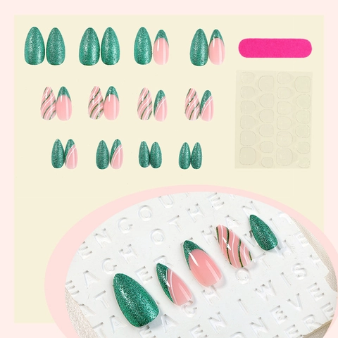 French Almond Press On Nails Glitter Green Pink Striped Artificial False Nails With Nail File Adhesive Tabs