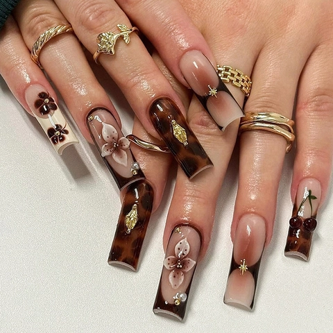 Long Coffin Press On Nails Leopard Tortoise Pattern 3D Flower Cherry Design French Style Vintage Full Cover Artificial Nails