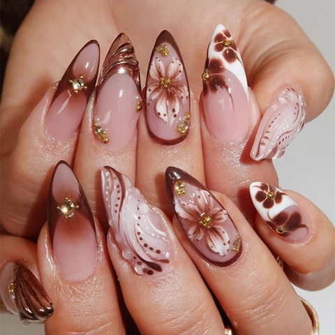 Almond Press On Nails Flower Pattern 3D Embossed Texture Rhinestone Metallic Beads Elegant French Style For Women