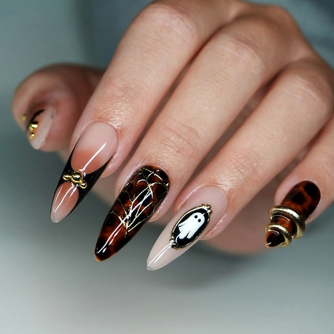 Halloween Uñas Postizas Stiletto Largas Diseño Telaraña Fantasma Patrón Ámbar Lujo Decoración Dorada Manicura Para Mujeres