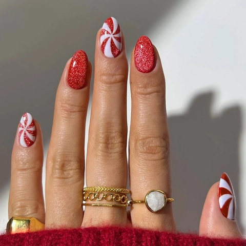 Mandelform Weihnachten Kunstnägel Zum Aufpressen Rotes Katzenauge Glitzer Und Weißer Streifen Französischer Stil DIY Künstliche Nägel