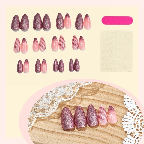 Kunstnagels Kerstmis Press On Nails Glitter Frans Sneeuwvlok Amandel Lang DIY Manicure Voor Vrouwen Elegant Winter
