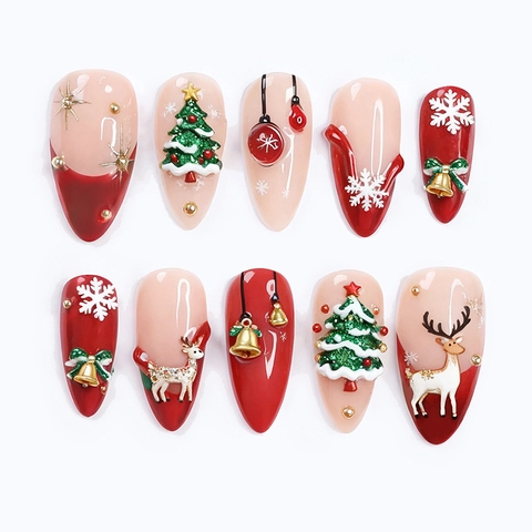 Weihnachts Press On Nägel 3D Rentier Weihnachtsbaum Handgemachte Mandel Künstliche Nägel Rot Weiß Künstliche Perle Dekor Damen