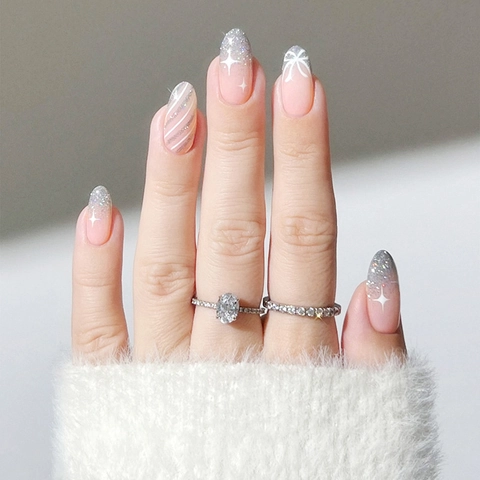 Uñas Postizas Press On Forma Almendra Degradado Purpurina Plateada Rayas Francesas Patrones Estrellas Lazos Manicura DIY Elegante