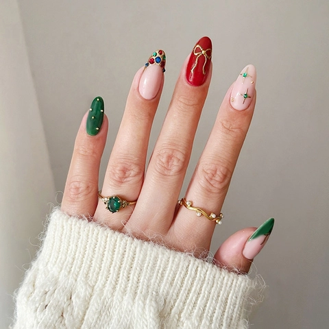 Christmas Press-On Nails Handmade French Tip Rhinestone Butterfly Bow Festive Elegant Artificial Fingernails For Women
