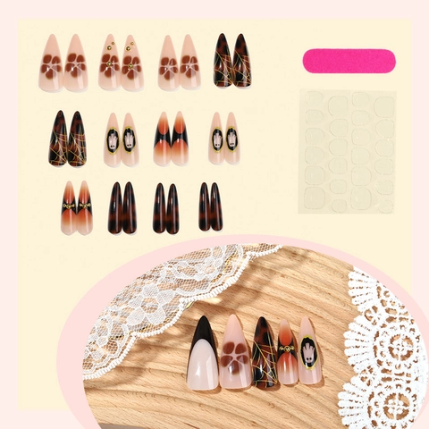 Halloween Uñas Postizas Stiletto Largas Diseño Telaraña Fantasma Patrón Ámbar Lujo Decoración Dorada Manicura Para Mujeres