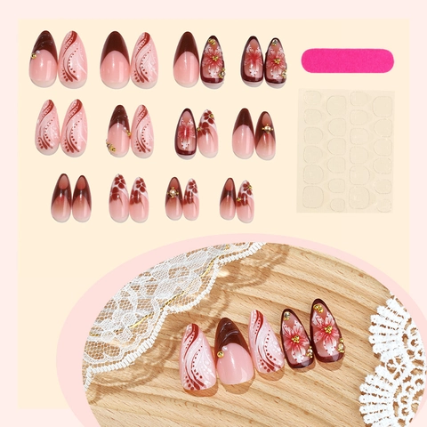 Almond Press On Nails Flower Pattern 3D Embossed Texture Rhinestone Metallic Beads Elegant French Style For Women