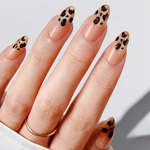 Leopard Print Press On Nails Almond Shape Nude Pink Gradient French Glitter Tips Glossy Full Cover Artificial Fingernails Manicure Accessory