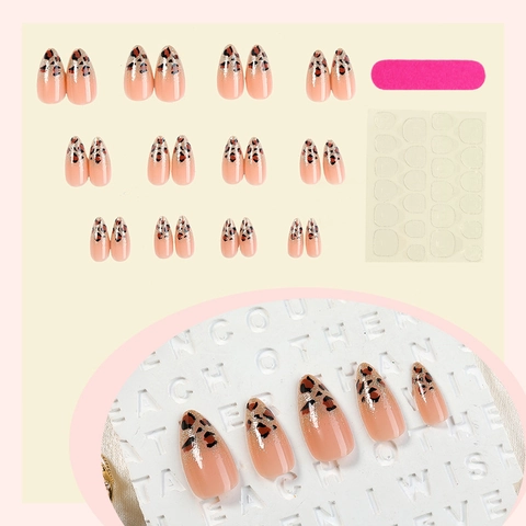 Leopard Print Press On Nails Almond Shape Nude Pink Gradient French Glitter Tips Glossy Full Cover Artificial Fingernails Manicure Accessory