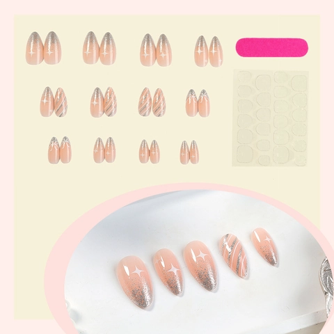 Uñas Postizas Press On Forma Almendra Degradado Purpurina Plateada Rayas Francesas Patrones Estrellas Lazos Manicura DIY Elegante