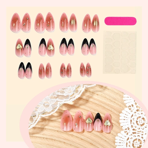 Unghie Press On Mandorla Lunghe Punte Francesi Nere Sfumatura Rosa Cuore Dorato Stella Strass Unghie Finte Eleganti Per Donna
